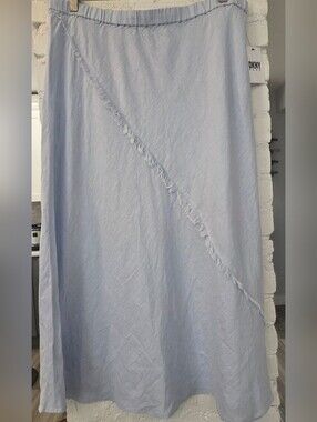 DKNY Light Blue Fringe Trim Linen Maxi Skirt